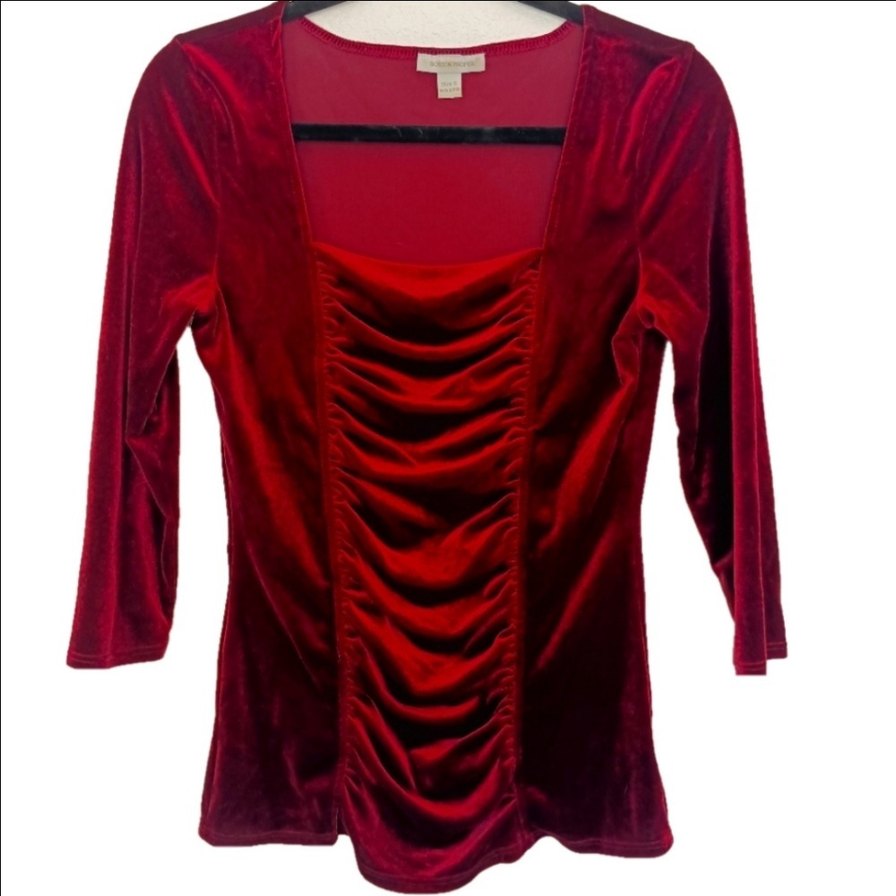Boston Proper Velvet Top Women Size S Red Ruched Square Neck 3/4 Sleeve 832958